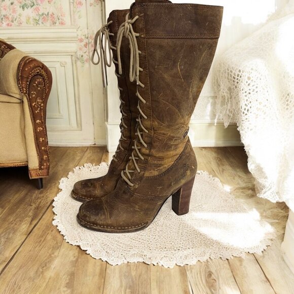 Vintage Frye Villager Lace Up Brown Heeled Leather Tall Boots Size 7